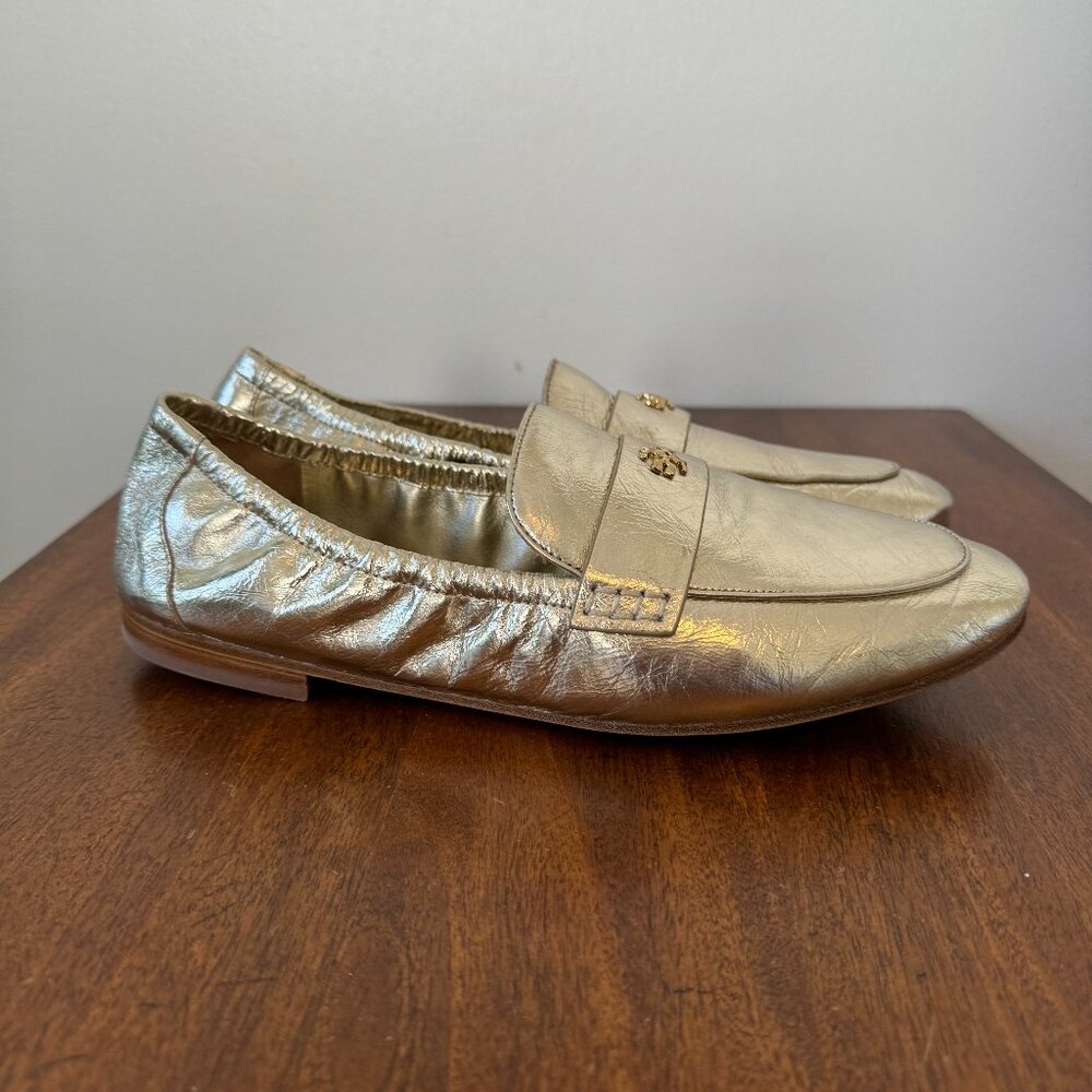 Tory Burch Ballet Loafer Metallic Gold Spark Leather Size 10